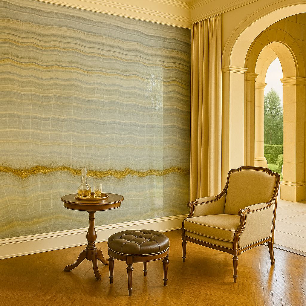 Ocean Waves Onyx Wall – Luxury natural stone application with translucent patterns